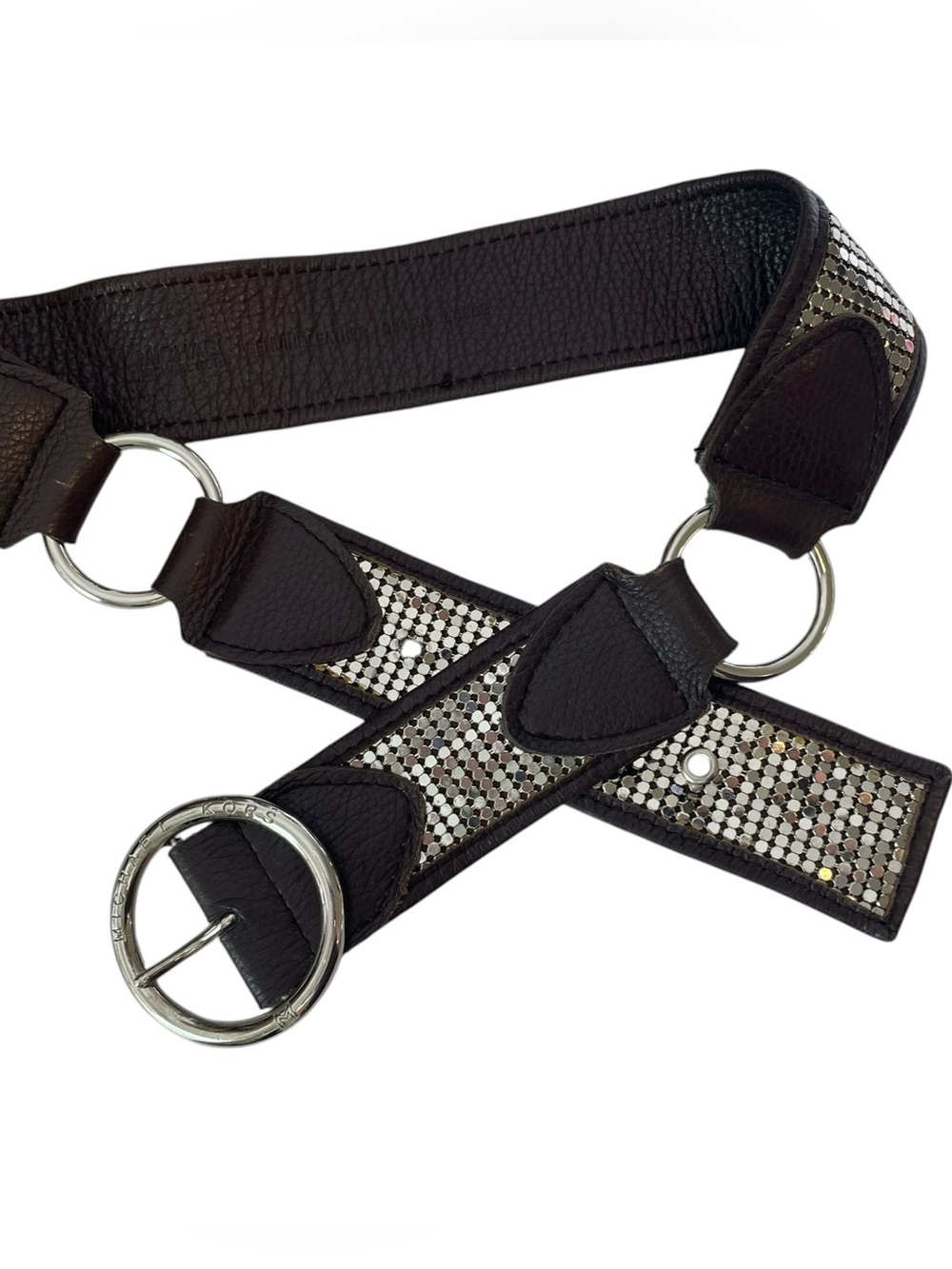 MICHAEL KORS Women's Wide Brown Pebbled Leather Embellished Belt Silver Mesh